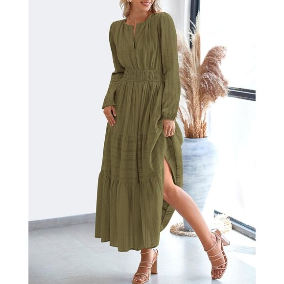 Women Army Green Long Sleeve V Neck Elastic Waist Lightweight Maxi Dress Pockets - Picture 8 of 8